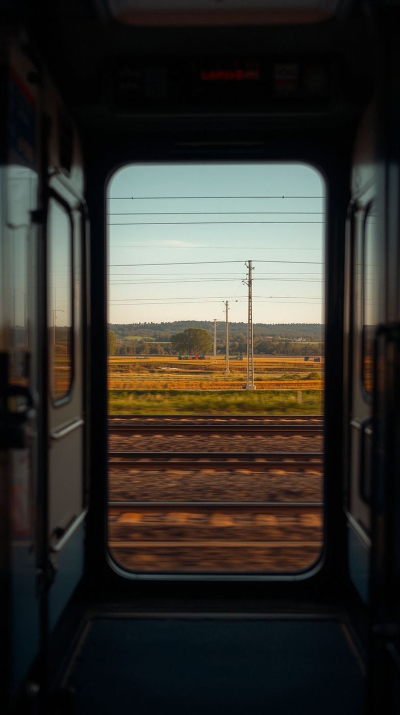Fields rushing past an open train door